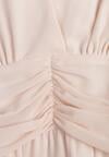 Beżowa Romantyczna Sukienka Koktajlowa z Falbanami i Marszczeniem w Pasie Aranilla