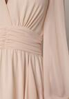 Beżowa Romantyczna Sukienka Koktajlowa z Falbanami i Marszczeniem w Pasie Aranilla