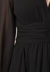 Czarna Romantyczna Sukienka Koktajlowa z Falbanami i Marszczeniem w Pasie Aranilla