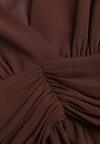Brązowa Romantyczna Sukienka Koktajlowa z Falbanami i Marszczeniem w Pasie Aranilla