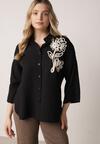 Czarna Wiszkowa Koszula Nietoperzowa z Regulowanymi Rękawami i Haftem Maryrenna