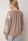 Beżowa Bawełniana Bluzka Boho z Ozdobnym Haftem i Sznurkiem z Frędzlami Lamegenia