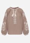 Beżowa Bawełniana Bluzka Boho z Ozdobnym Haftem i Sznurkiem z Frędzlami Lamegenia