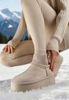 Beżowe Śniegowce VICES na Grubej Podeszwie z Haftem i Skarpetkową Cholewką Enantia