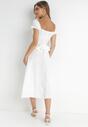 Biała Sukienka Midi z Dekoltem Carmen i Bufiastymi Rękawkami Amarhis