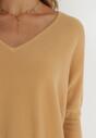 Jasnobrązowy Sweter Długi Oversize z Prążkowanej Dzianiny Thessothee