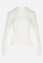 Biały Sweter z Bufiastym i Koronkowym Rękawem Kephia