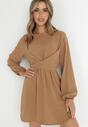 Beżowa Sukienka Rozkloszowana z Gumką w Pasie Selnaedo
