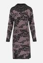 Ciemnofioletowa Sukienka Sweterkowa w Kwiaty z Półgolfem Niku