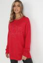 Czerwony Sweter Oversize z Cyrkoniami Cama