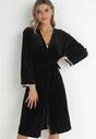 Czarny 2-częściowy Komplet Welurowy Koszula Nocna i Szlafrok Hipheve