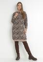 Beżowo-Czarna Sukienka Sweterkowa z Kapturem w Cętki Hinu
