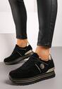 Czarno-Złote Sneakersy ze Skóry Naturalnej na Grubej Podeszwie Neema