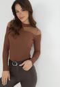 Brązowy Sweter Półgolf z Przezroczystym Dekoltem Taiko
