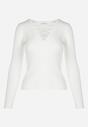Biały Sweter Wiązany na Dekolcie z Prążkowanej Dzianiny Ylleza