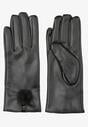 Czarne Rękawiczki z Imitacji Skóry z Pomponem Ocieplone Khitan