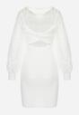 Biała Sukienka Dzianinowa z Bufiastym Koronkowym Rękawem Kosso