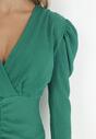 Zielona Marszczona Sukienka z Kopertowym Dekoltem Midi Rini