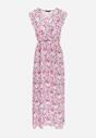 Różowo-Beżowa Sukienka Maxi z Kopertowym Dekoltem i Gumką w Pasie Ulle