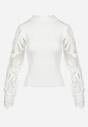 Biały Sweter z Prążkowanej Dzianiny z Koronkowymi Rękawami Victoriah