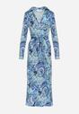 Niebieska Kopertowa Sukienka Maxi z Materiałowym Paskiem Jamiria