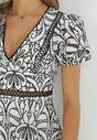 Czarno-Biała Ażurowa Sukienka Mini z Krótkim Bufiastym Rękawem Rossalis