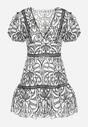 Czarno-Biała Ażurowa Sukienka Mini z Krótkim Bufiastym Rękawem Rossalis