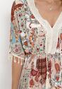 Miętowo-Beżowa Sukienka Maxi w Stylu Boho Patchworkowy Wzór Acarria
