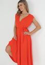 Pomarańczowa Sukienka Maxi z Materiałowym Paskiem i Kopertowym Dekoltem Istilla