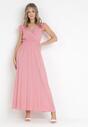 Różowa Sukienka Maxi z Gumką w Talii z Falbankami z Wiskozy Harria