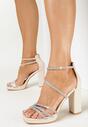 Beżowe Sandały na Wysokim Słupku z Kwadratowym Noskiem i Paskami z Cyrkoniami Gesni