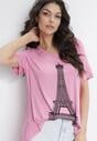 Różowy T-shirt Oversize z Nadrukiem Wieży Eiffla i Krótkim Rękawem Eleah