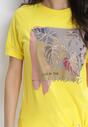 Żółty Bawełniany T-shirt z Brokatowym Nadrukiem i Wiązaniem Edia