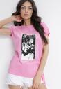 Różowy Długi T-shirt z Nadrukiem i Wiązaniem z Boku Miamimia