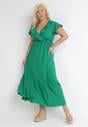 Zielona Rozkloszowana Sukienka Maxi z Gumką w Pasie z Falbankami Aimelia