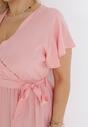 Różowa Sukienka Maxi z Gumką w Pasie i Materiałowym Paskiem  Eisley