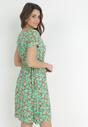 Miętowo-Zielona Rozkloszowana Sukienka Mini z Wiskozy w Kwiaty ze Sznurkiem Marani