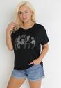 Czarny Bawełniany T-shirt z Krótkim Rękawem z Nadrukiem w Koty z Cekinami Canila