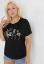 Czarny Bawełniany T-shirt z Krótkim Rękawem z Nadrukiem w Koty z Cekinami Canila