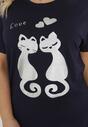 Granatowy T-shirt Typu Nietoperz z Błyszczącym Nadrukiem z Kotami Iriana