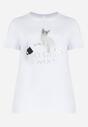 Biały T-shirt z Błyszczącym Nadrukiem Kotka Shanaia