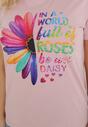 Różowy Bawełniany T-shirt z Kolorowym Nadrukiem i Krótkim Rękawem Zanaba
