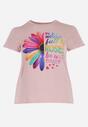 Różowy Bawełniany T-shirt z Kolorowym Nadrukiem i Krótkim Rękawem Zanaba