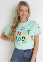 Miętowy Bawełniany T-shirt z Kolorowymi Taśmami i Napisem Leoponi