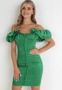 Zielona Satynowa Sukienka Dopasowana z Bufiastym Rękawem Suse