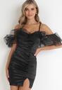 Czarna Sukienka Mini na Cienkich Ramiączkach z Falbankami Ghomia