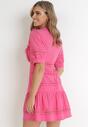Różowa Taliowana Sukienka Mini z Koronkowymi Wstawkami i Bufiastymi Rękawami Tesalin