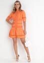 Pomarańczowa Taliowana Sukienka Mini z Koronkowymi Wstawkami i Bufiastymi Rękawami Tesalin