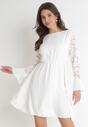 Biała Sukienka z Koronkowymi Rękawami i Gumką z Wiązaniem w Talii Vubatia