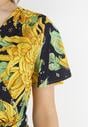 Żółto-Granatowa Kopertowa Sukienka Maxi z Gumką w Pasie w Kwiaty z Wiskozy Aryna